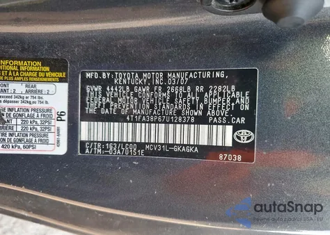 2007 Toyota Camry Solara Se из США, поврежденный, VIN 4T1FA38P67U128378